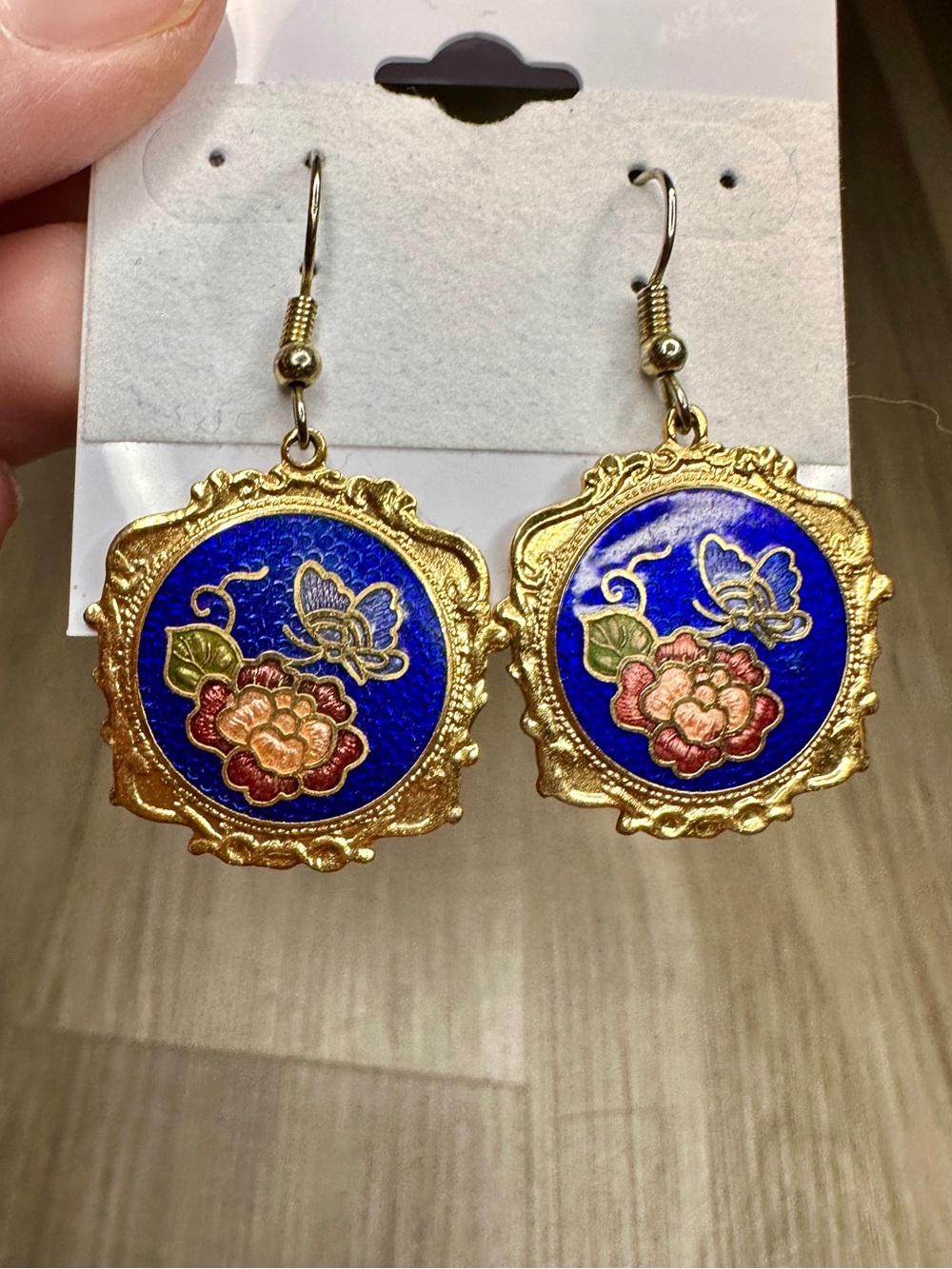 Vintage Cloisonné Enamel Floral Butterfly Dangle Earrings Blue Gold